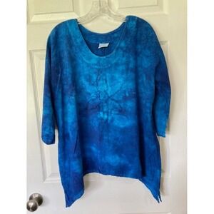 Cottonseed Cobalt Blue Tie Dye Daisy Cotton Top  Size M/L Lagenlook Artsy Boho